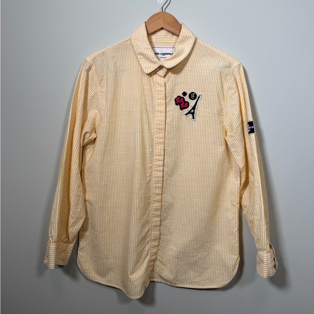 Karl Lagerfeld Paris Limited Edition Yellow Striped Patch Button Down Shirt